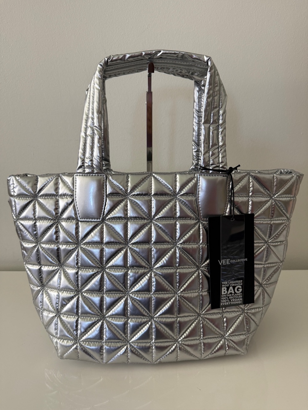 NWOT VEE COLLECTIVE Vee Small Quilted Tote Bag Crossbody Handbag Chrome Metallic
